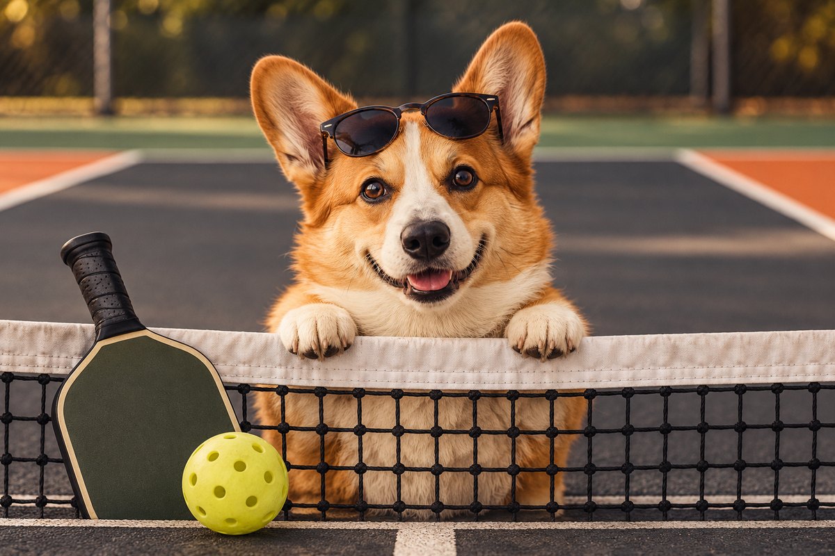 Corgi in sunglasses at a pickleball net with a paddle and ball