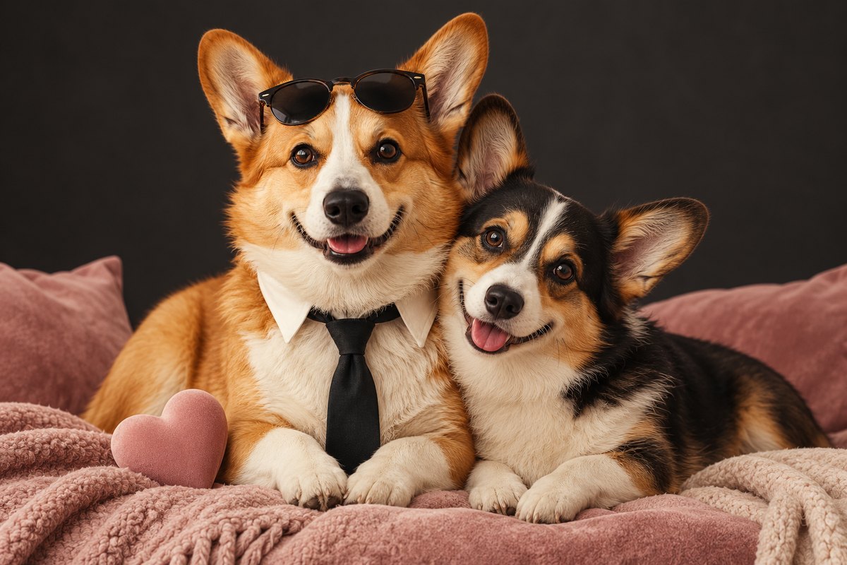 Two corgis cuddling, one wearing a shirt and tie, beside a pink heart pillow
